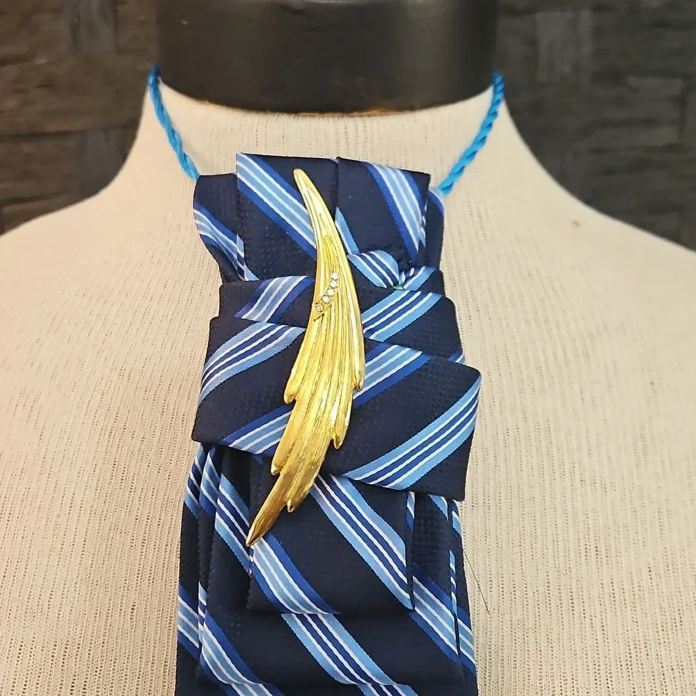 Elegant Blue Striped Statement Necklace Tie with Gold Accent